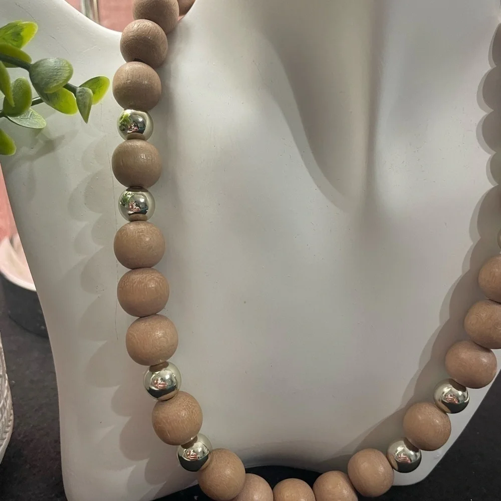 Medium Wooden and Gold Beaded Necklace Handcrafted Jewelry